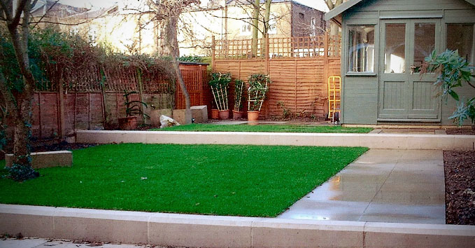 A tidy back garden with a shed